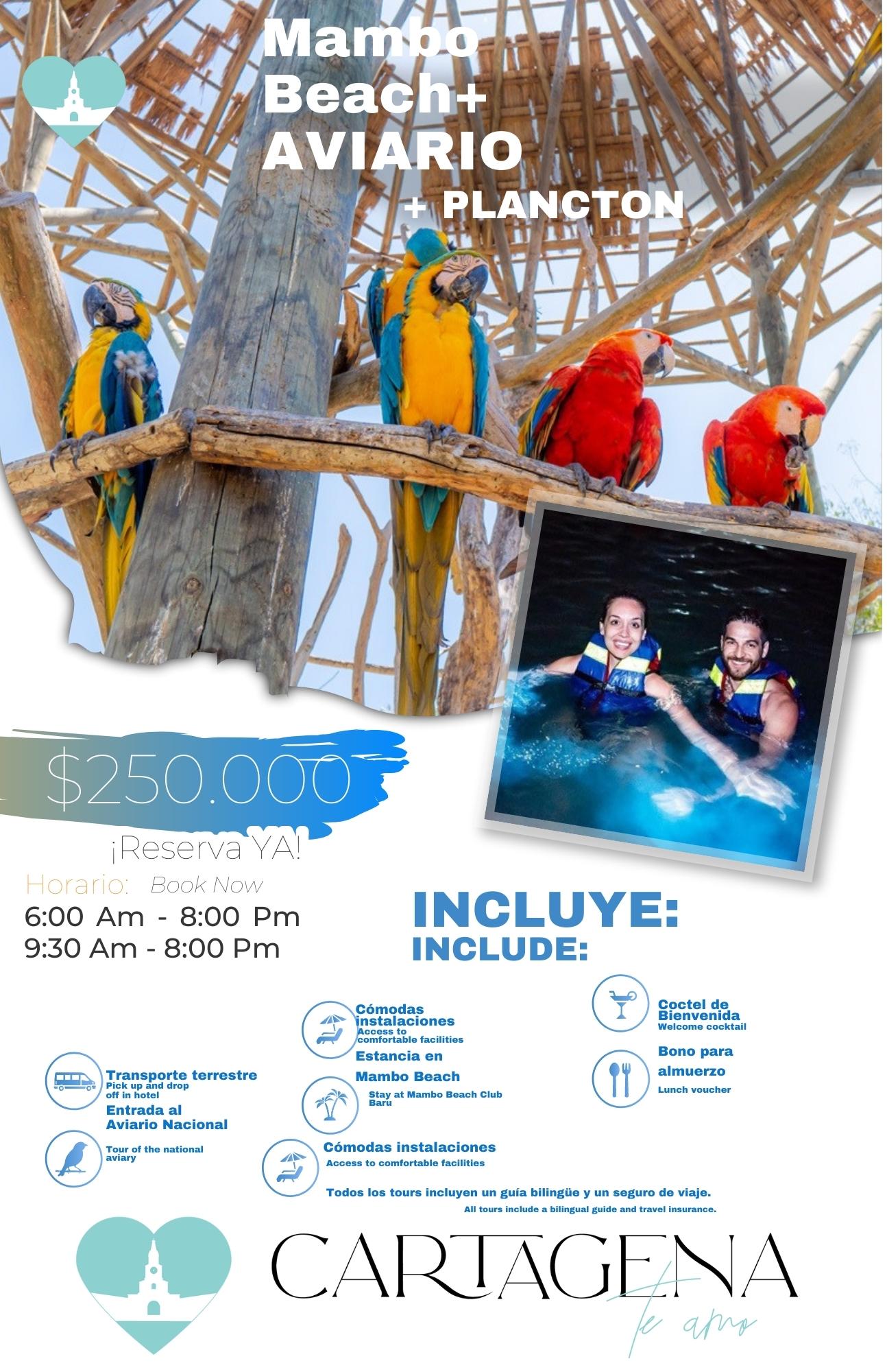Aventura Mambo Beach + Aviario Nacional + Plancton Baru Cartagena/ Mambo Beach + National Aviary + Plankton Adventure Baru Cartagena